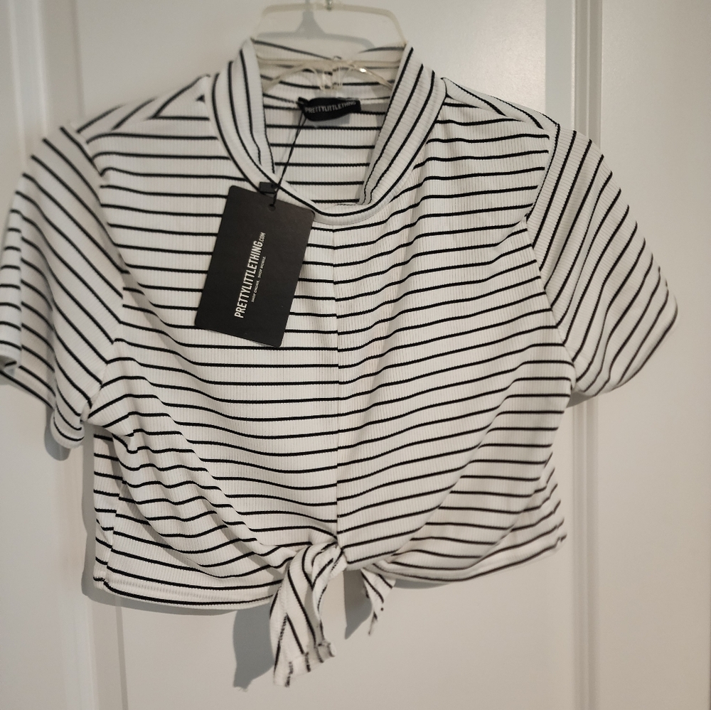 White and Black Striped Tie-Front Top